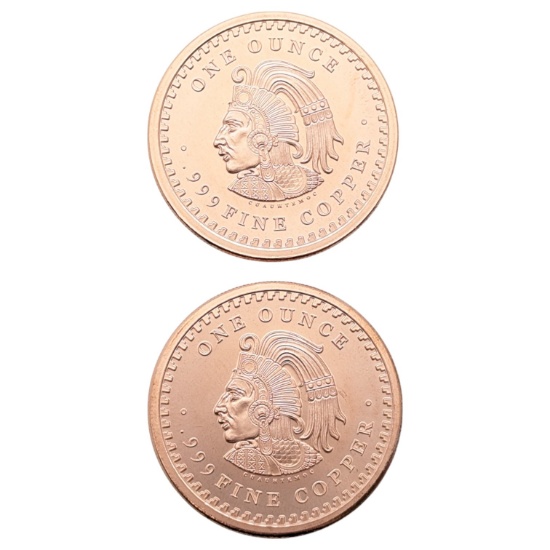 Lot of 2 - 1 Ounce (each) Fine .999 Copper Rounds - Aztec