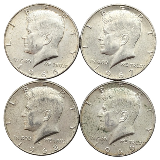 Lot of 4 Silver John F Kennedy Half Dollars - 1966-1969