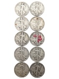 Lot of 10 Silver Walking Liberty Half Dollars - 1945 P/D/S