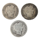 Lot of 3 Silver Barber Dimes - 1909, 1910, 1911