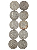 Lot of 10 Silver Franklin Half Dollars - 1951 P/D/S