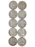 Lot of 10 Silver Franklin Half Dollars - 1954 P/D