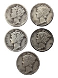 Lot of 5 Silver Mercury Dimes - 1935-1939