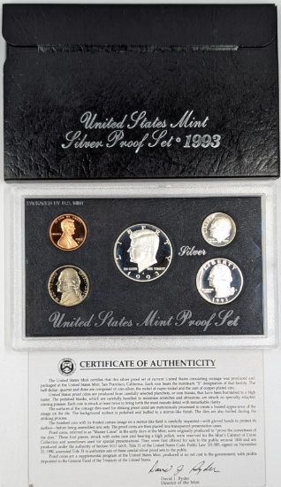 1993 Silver US Mint Proof Set w/ COA w/ Silver Half, Quarter & Dime