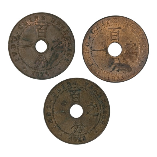 Lot of 3 French Indochina 1 Cent - 1922, 1923, 1926