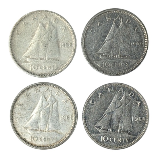 Lot of 4 Silver Canadian Dimes - 1950-1968