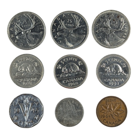 Lot of 9 Canada Coins - 25, 5, 1 Cent