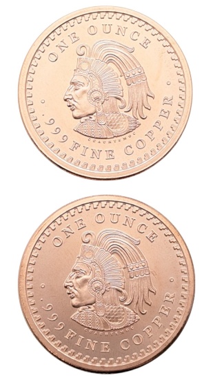 Lot of 2 - 1 Ounce Fine .999 Copper Rounds - Aztec