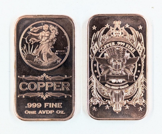 Lot of 2 - 1 Ounce Fine .999 Copper Bars - USA