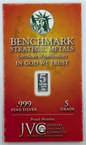 5 Grain .999 Silver Bars - Benchmark Strategic Metals