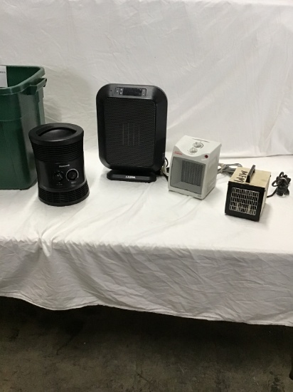 Group of 4 high quality electric small space heaters, tote included