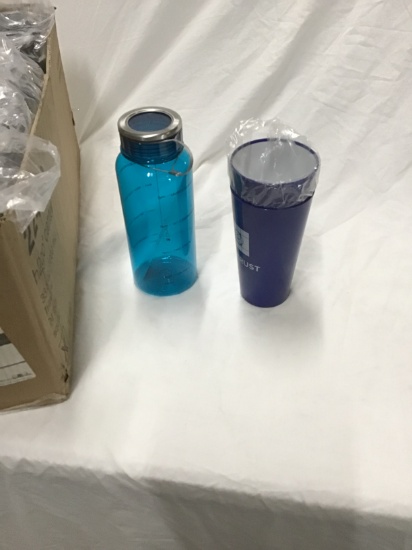 Large group of NEW Reusable plastic bottles and high quality cups, 2 boxes full