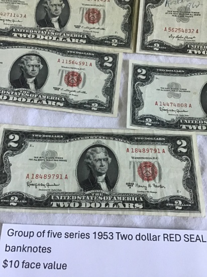 Group of five series 1953 Two Dollar RED SEAL banknotes ($10 value)