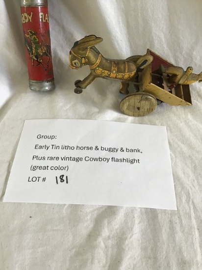 Group: Early Tin litho horse & buggy, & bank, Plus rare vintage Cowboy flashlight (great color)
