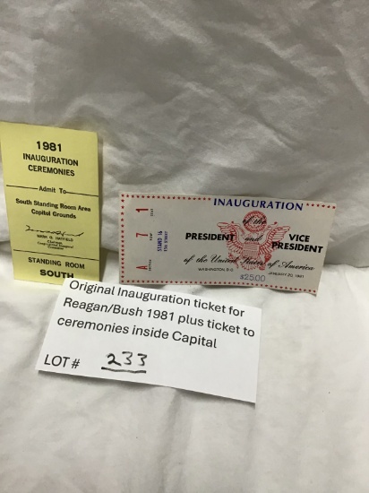 Original Inauguration ticket for Reagan/Bush 1981 plus ticket to ceremonies inside Capitol