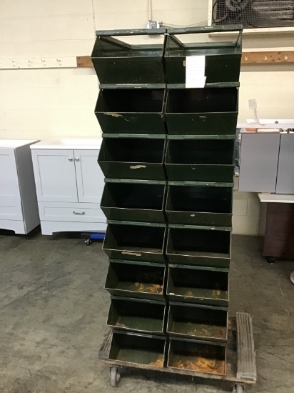 Vintage, extremely study 16 hardware bins with heavy duty roller included