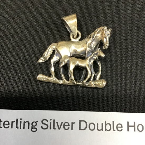 Vintage solid sterling silver double horse pendant