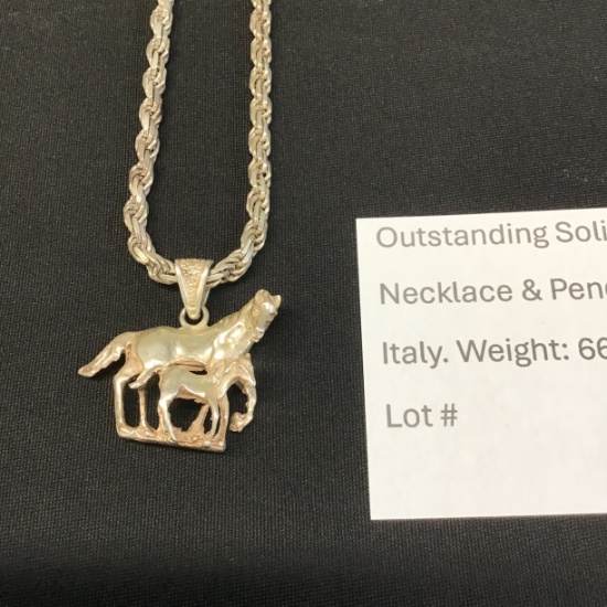 Solid sterling silver necklace & pendant, equestrian, Italy
