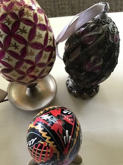 Group of 3 Early Japan & India Hand Painted Eggs with Stands