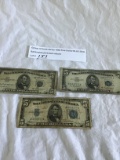 Group of three series 1953 Five Dollar BLUE SEAL banknotes ($15 value)