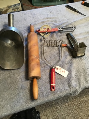 Vintage kitchen utensils, rolling pin, etc