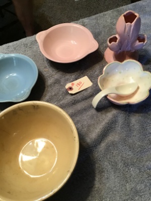 Vintage pink USA vase, assorted pink USA, #7 Ovenware bowl with 3 brown stripes