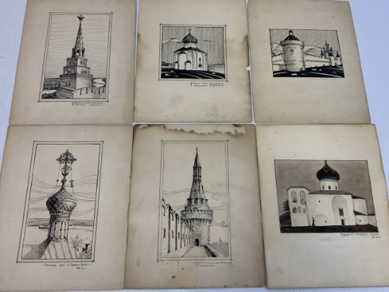 IMPERIAL RUSSIA SET OF RELIGIOUS BUILDINGS CHURCHES ANTIQUE HAND DRAWINGS