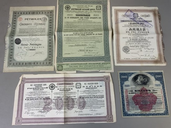 IMPERIAL RUSSIA SET OF 5 VARIOUS IMPERIAL RUSSIAN RAILROAD BONDS