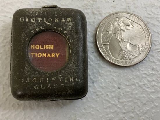 ANTIQUE MINIATURE BOOK ENGLISH DICTIONARY ENCASED IN CASE WITH MAGNIFYING GLASS