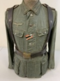 WWII GERMAN ARMY ENLISTED SUMMER LIGHT WEIGHT REED GREEN UNIFORM TUNIC WITH BELT AND Y STRAPS
