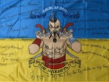 UKRAINIAN MILITARY WAR MORALE FLAG SIGNED WITH PATRIOTIC WAR SLOGANS