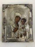 ANTIQUE IMPERIAL RUSSIAN 84 SILVER AND ENAMELS ICON MOTHER OF TICHVINSKAYA
