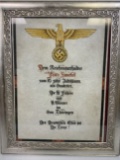 NAZI GERMAN FRAMED DOCUMENT TO A GAULEITER AND SS GENERAL FRITZ SAUCKEL FROM SS OF THURINGEN