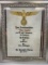 NAZI GERMAN FRAMED DOCUMENT TO A GAULEITER AND SS GENERAL FRITZ SAUCKEL FROM SS OF THURINGEN
