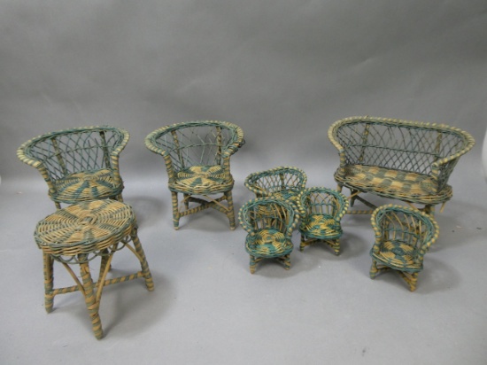 Set 8 Yick Kee Co Green Wicker Rattan Outdoor Dollhouse Set