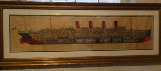 c1910 SS France Cutaway Cruise Ship Framed Lithograph