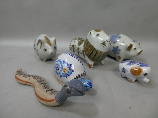 Lot 6 Vintage Mexican Indian Art Pottery of Snake Snail Pig etc El Palomar Ken Edwards etc