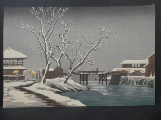 c1930's Kobayashi Kiyochika Snowy Bridge Japanese Woodblock Print