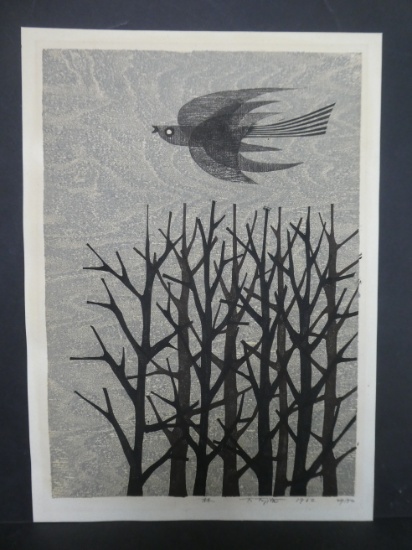 1962 Fumio Fujita Japanese Woodblock Print Bird over Trees