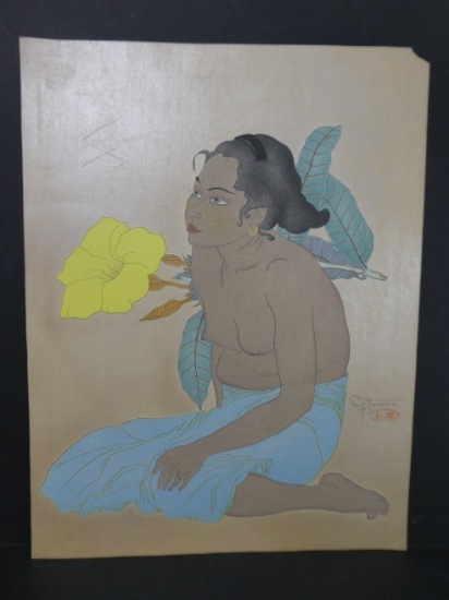 1934 Paul Jacoulet Japanese Woodblock Print Jeure Fille de Saipan et Fluers d'Hibiscus
