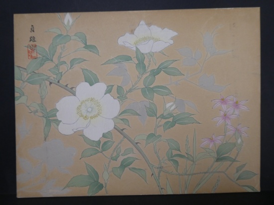 20th Century  Unread Japanese Woodblock Print White Flowers