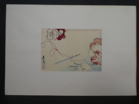 Vintage Bookplate Zeshin Japanese Woodblock Print Pine Needles & Flowers