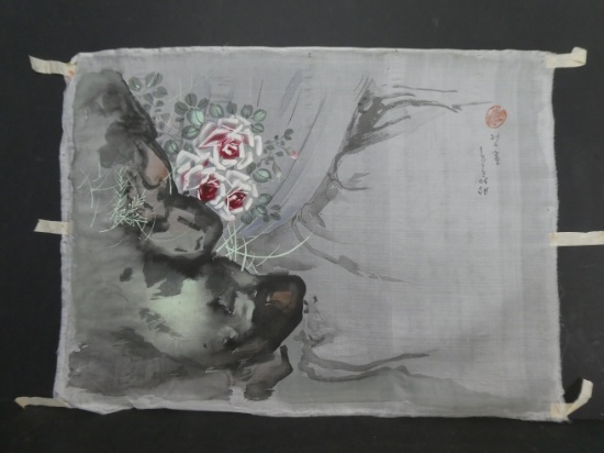 20th Century  Unread Japanese Painting on Silk Flowers & Rocks