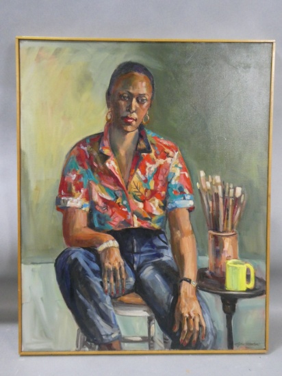 c1980's Loyce Moskow Artist on Break Black Woman oil Painting
