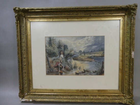 Antique L West Signed Watercolor Painting Girls by River w/ Ducks