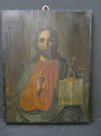 Antique Hand Painted on Wood Russian Icon Jesus Christ Pantacrator