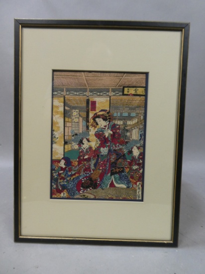 Repro Kunisada Japanese Woodblock Print on Creped Paper of Prostitute Yoshiwara