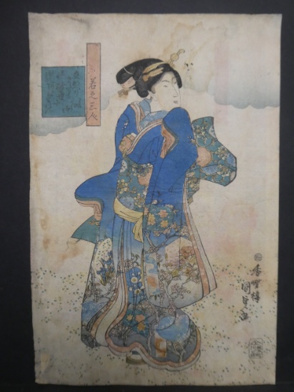 Original 19th Century Kunisada Japanese Woodblock Print Woman Looking over shoulder