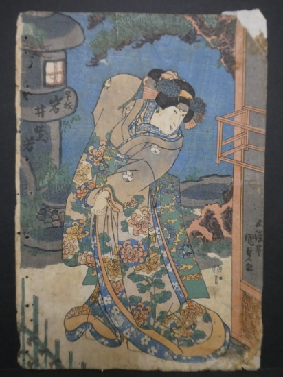 Original 19th Century Kunisada Japanese Woodblock Print Nighttime Visit