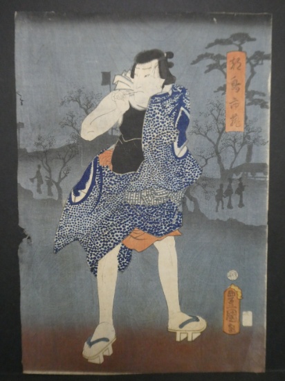 Original 19th Century Toyokuni III Japanese Woodblock Print Man at night